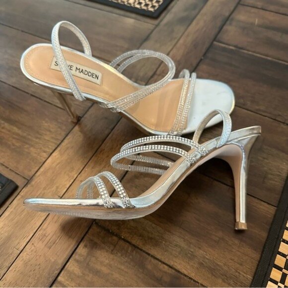 Steve Madden Silver Rhinestone Clear Strap Heels Size 8.5 Elegant Party Sandals - Picture 4 of 11